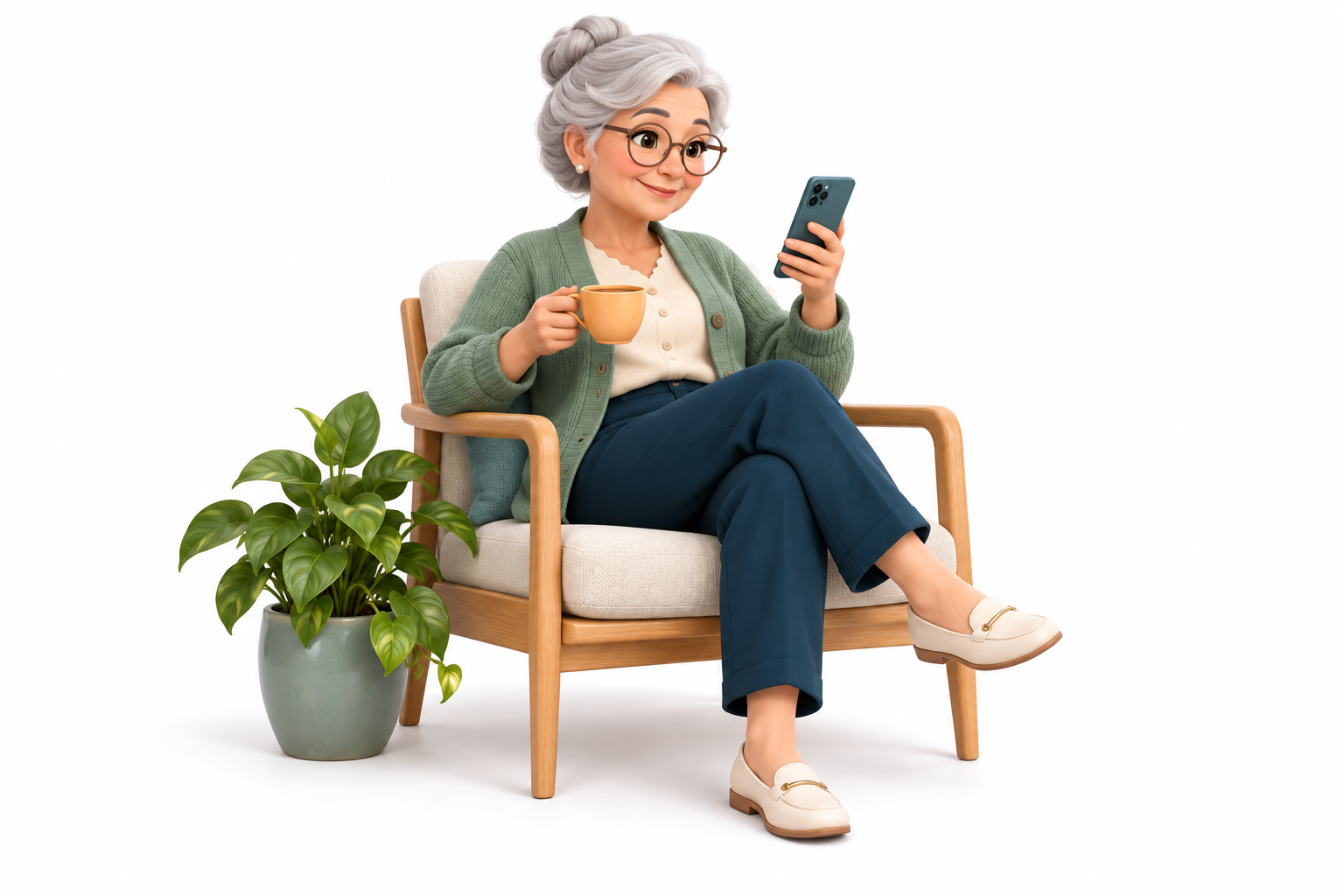 Mormor sitter bekvämt med sin telefon och en kopp kaffe.